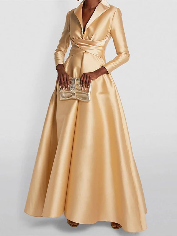 Una | Vestido Maxi Feminino Linha A Decote V Plissado Cintura Alta