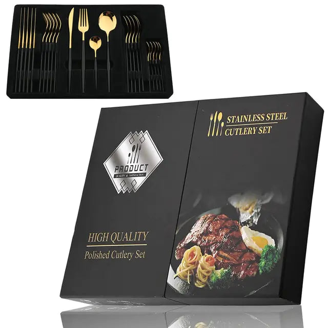 Conjunto de Talheres em Aço Inox 24 Peças | Nova | Dourado, Preto, Rosa