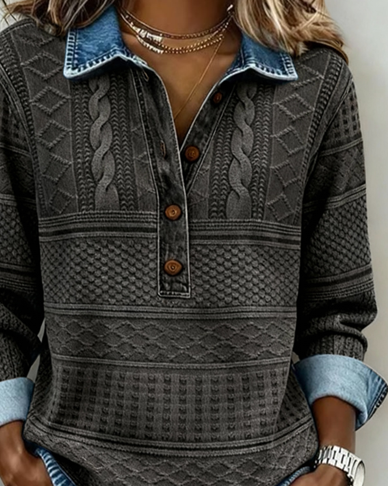 Juno | Sweatshirt Mulher Gola Denim Meia Abertura Textura Trançada