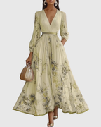 Xena | Vestido Maxi Floral Manga Longa Decote V Plissado com Laço