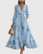Xena | Vestido Maxi Floral Manga Longa Decote V Plissado com Laço
