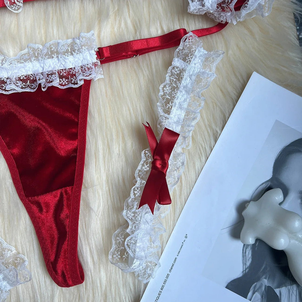 Wren | Conjunto Lingerie Veludo Natal Renda Tanga