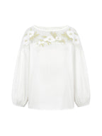 Cosima | Blusa Renda Feminina Manga Bufante Aplique Floral Gola Redonda