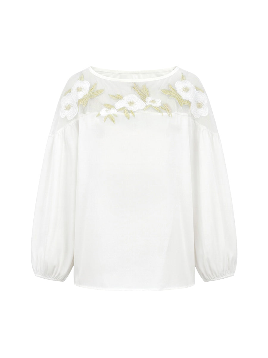 Cosima | Blusa Renda Feminina Manga Bufante Aplique Floral Gola Redonda