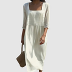 Vestido Linho Decote Quadrado Mangas Compridas