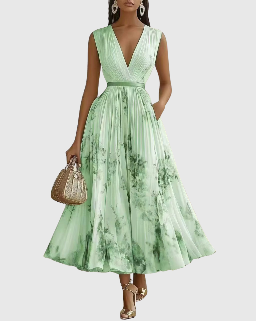 Xena | Vestido Maxi Floral Manga Longa Decote V Plissado com Laço