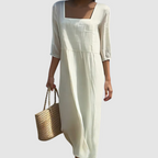 Vestido Linho Decote Quadrado Mangas Compridas