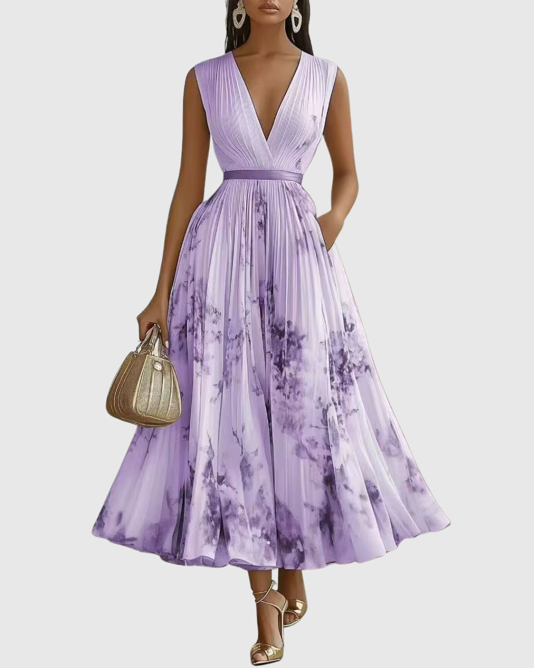 Xena | Vestido Maxi Floral Manga Longa Decote V Plissado com Laço