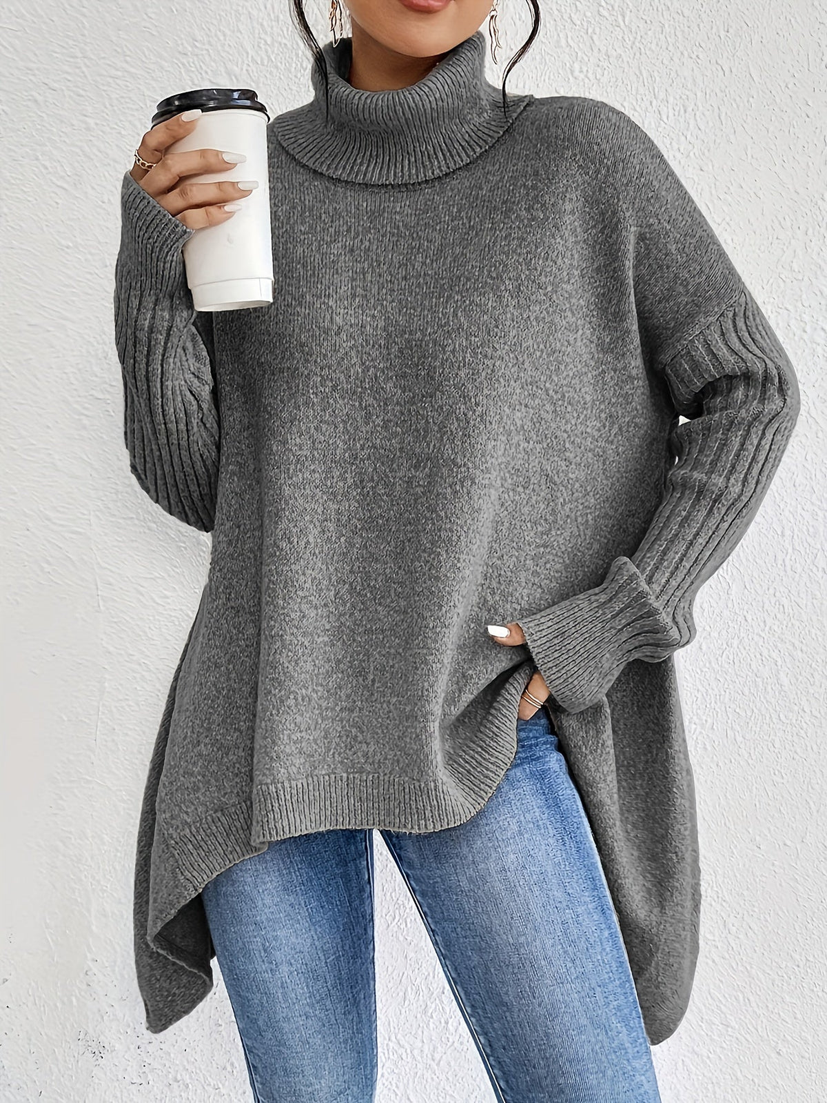 Mulher Camisola Tricot Gola Alta Assimétrica