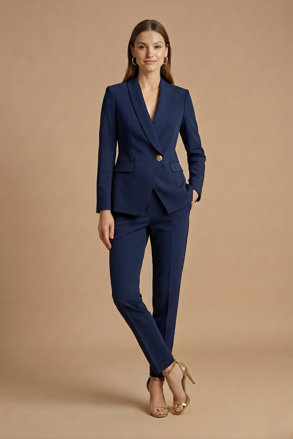 Ondine | Mulher 2 Peças Conjunto Blazer Gola Xale Calça Reta
