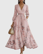 Xena | Vestido Maxi Floral Manga Longa Decote V Plissado com Laço