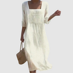 Vestido Linho Decote Quadrado Mangas Compridas