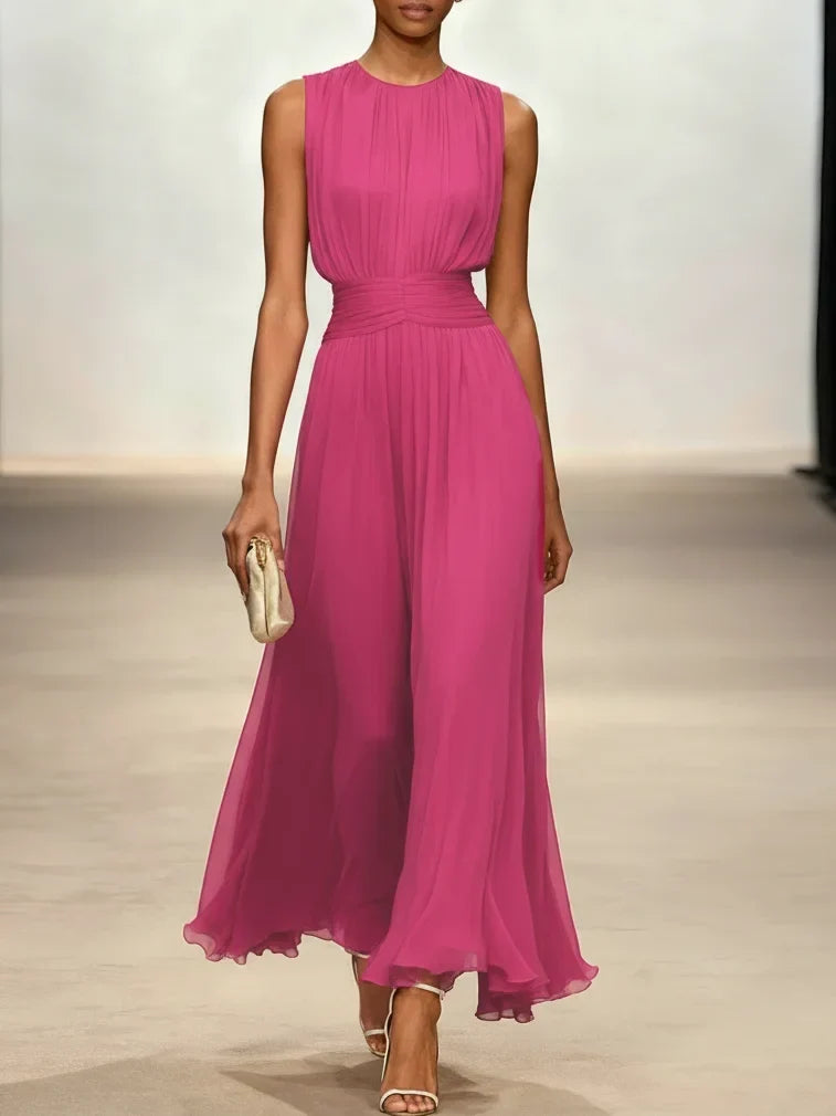 Vestido Longo em Chiffon Franzido Mulher