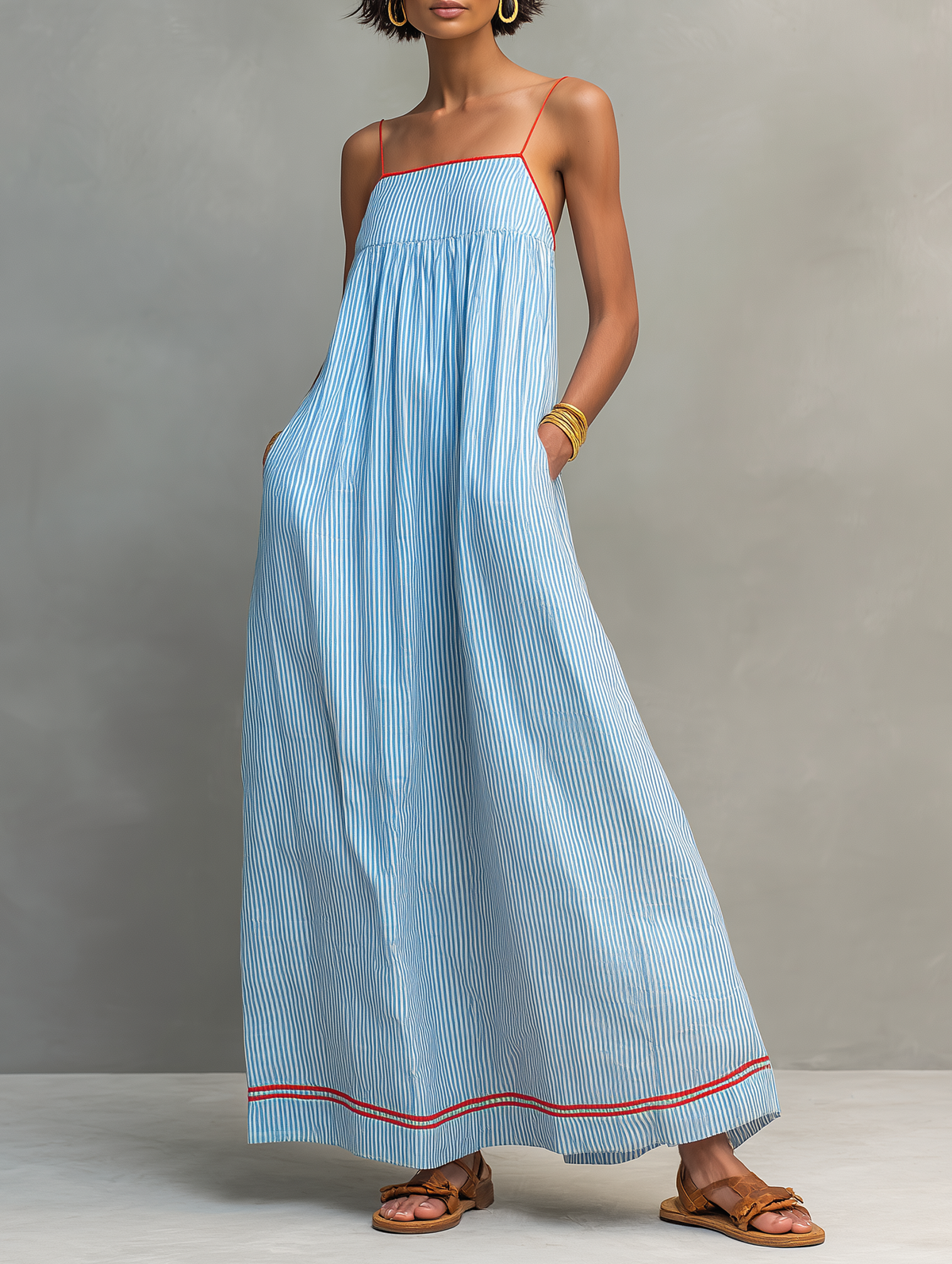 Ondina | Vestido Maxi Feminino Riscas com Alças Finas