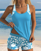 Bikini tankini feminino conjunto 2 peças estampado com shorts boxer