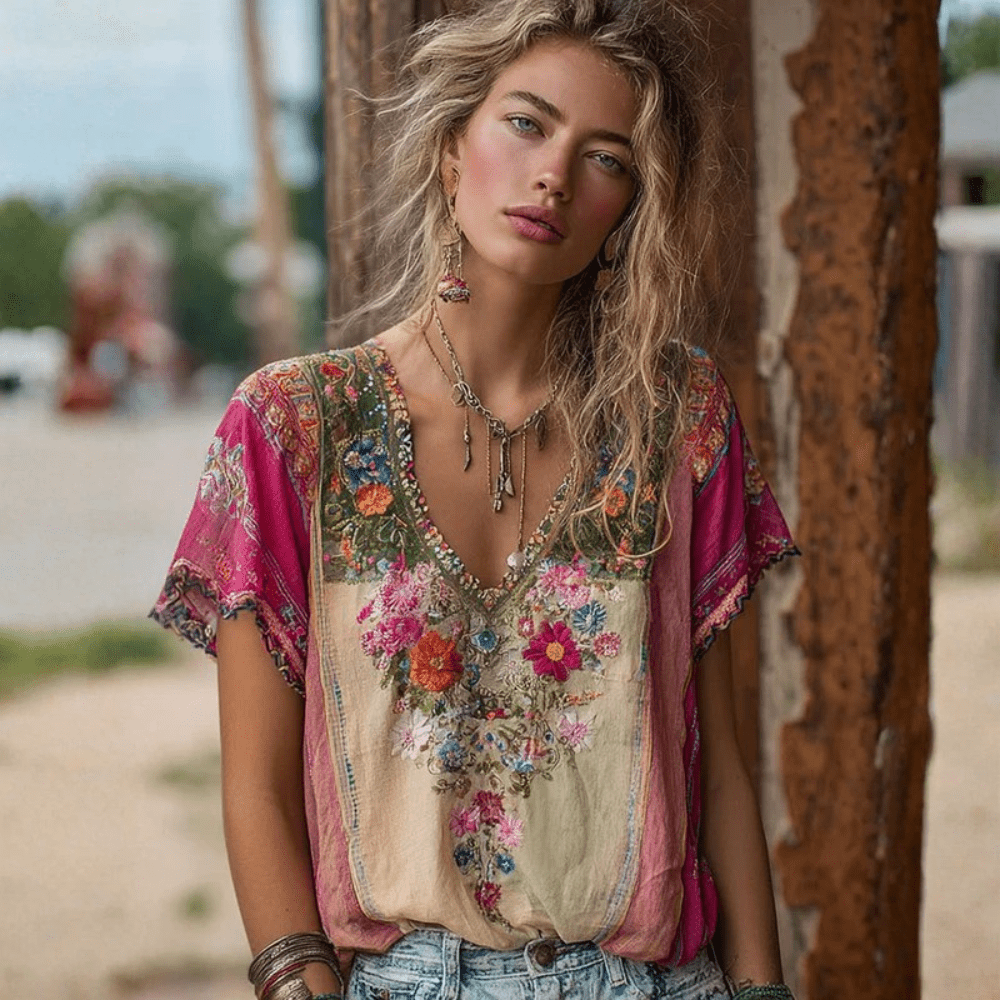 Thea | Mulher Camiseta Decote V Boho