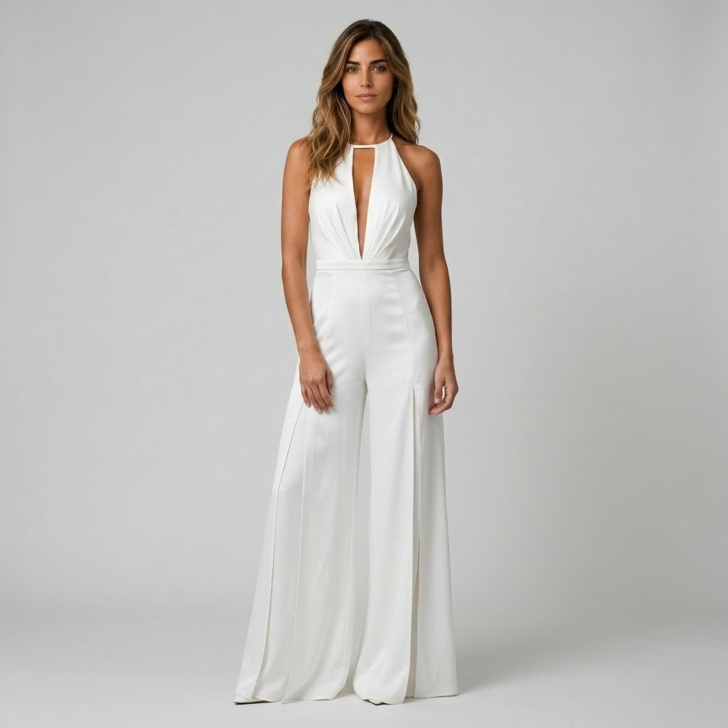 Macacão Longo Decote Halter | Branco, Corpo Ajustado | Feminino