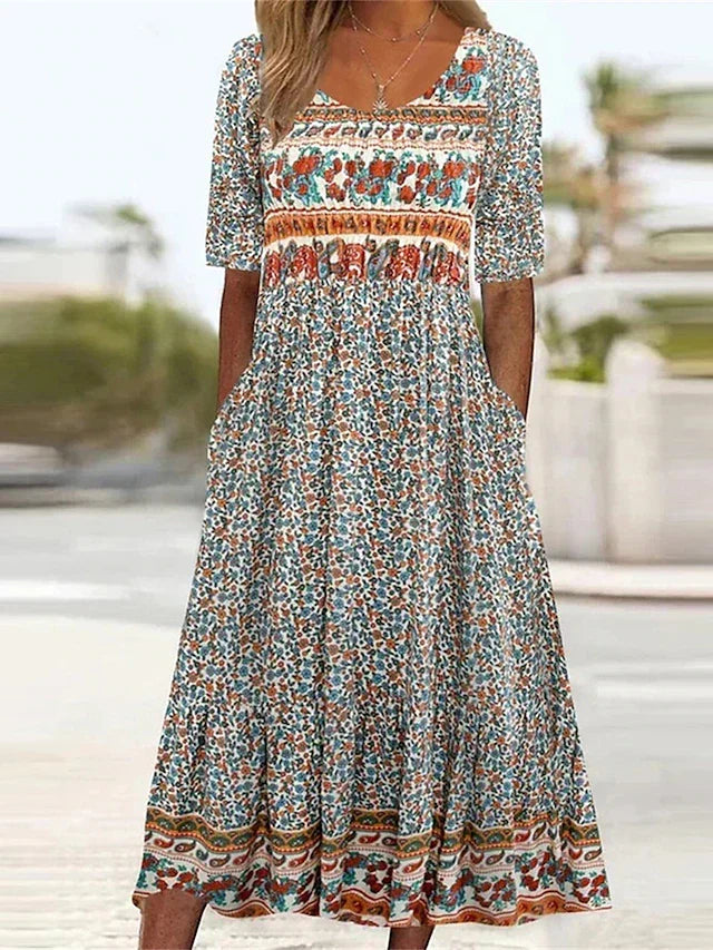 Ottoline | Vestido Midi Feminino Estampado Boho Decote Quadrado Manga Curta