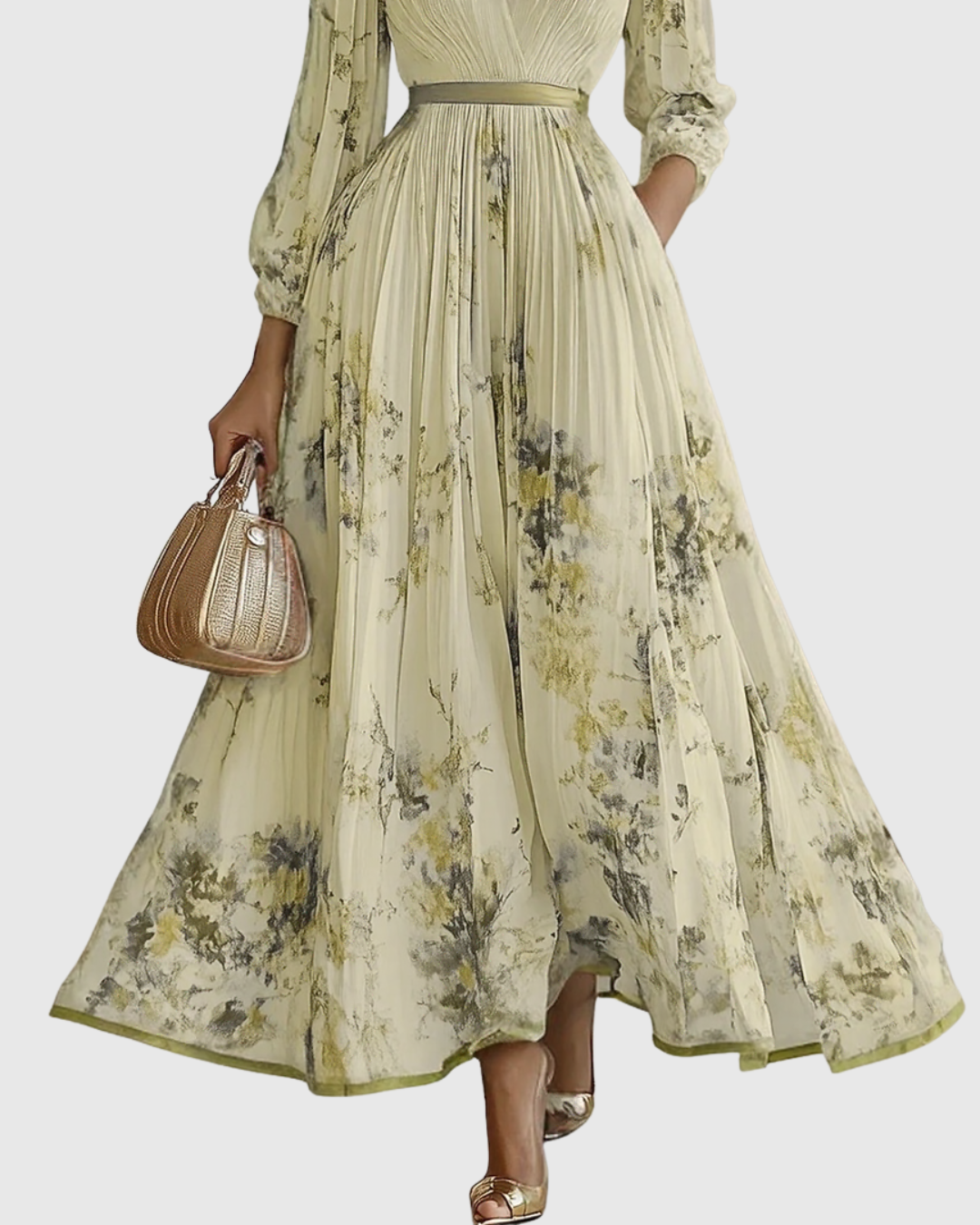 Xena | Vestido Maxi Floral Manga Longa Decote V Plissado com Laço