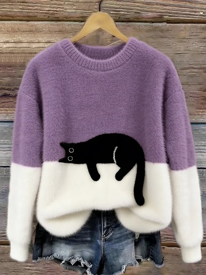 Wilhelmina | Camisola de Malha Color Block com Motivo de Gato