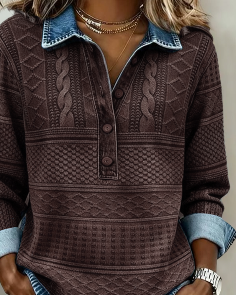 Juno | Sweatshirt Mulher Gola Denim Meia Abertura Textura Trançada