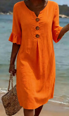 Vera | Mulher Vestido Linho Algodão Midi Botões Solto