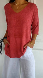 Top de Tricot Mulher | Decote V | Manga Longa, Estilo Casual
