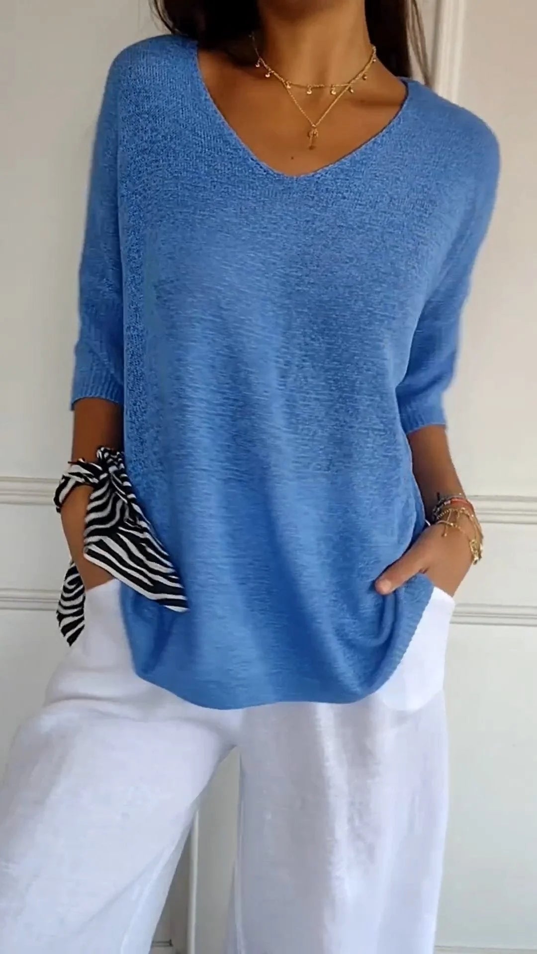 Top de Tricot Mulher | Decote V | Manga Longa, Estilo Casual