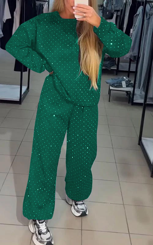 Faye | Conjunto Loungewear Feminino Calça Larga Detalhes Strass