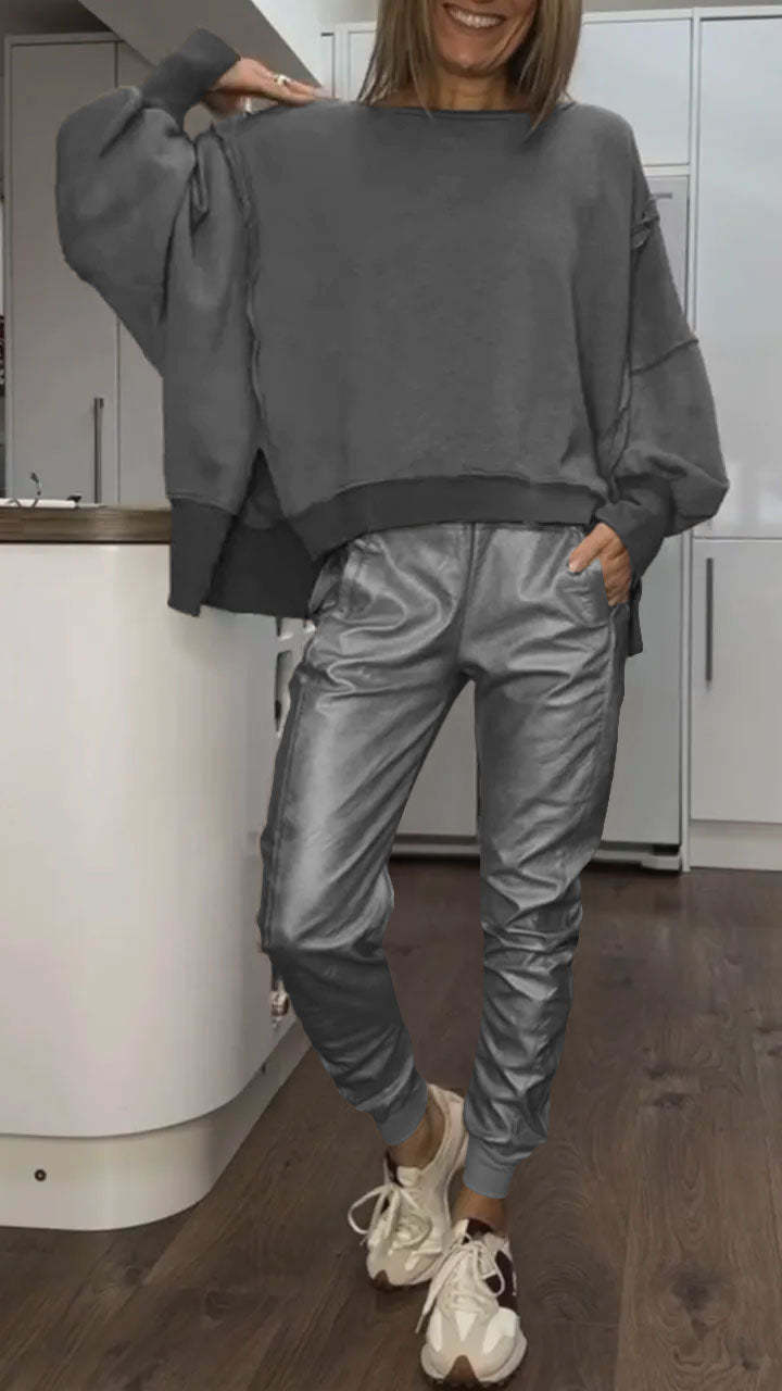 Maren | Conjunto Feminino 2 Peças Oversized Sweatshirt Calça Cetim