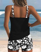 Bikini tankini feminino conjunto 2 peças estampado com shorts boxer