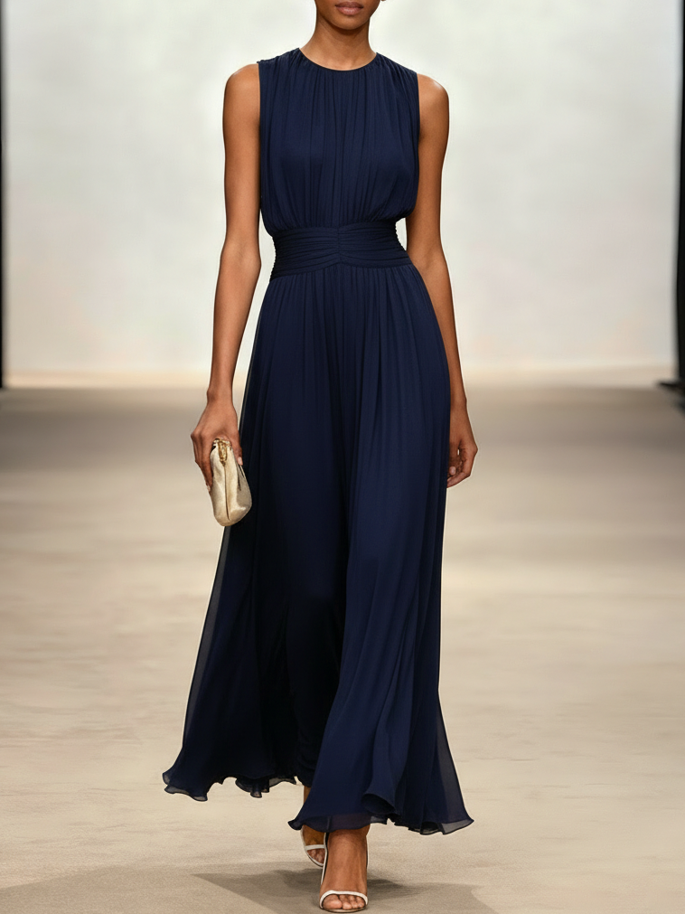 Vestido Longo em Chiffon Franzido Mulher