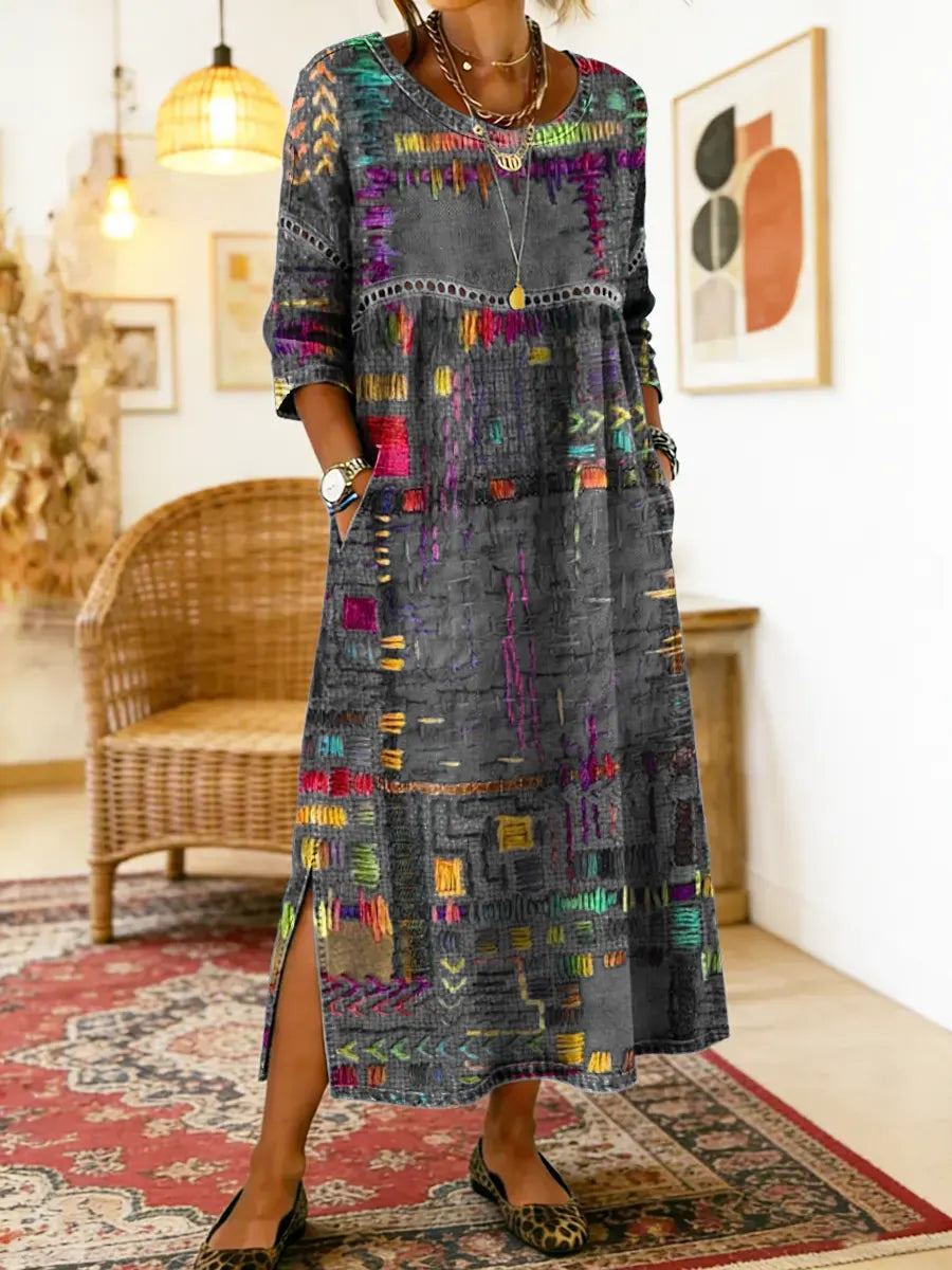 Lena | Vestido Jeans com Patchwork Étnico Feminino