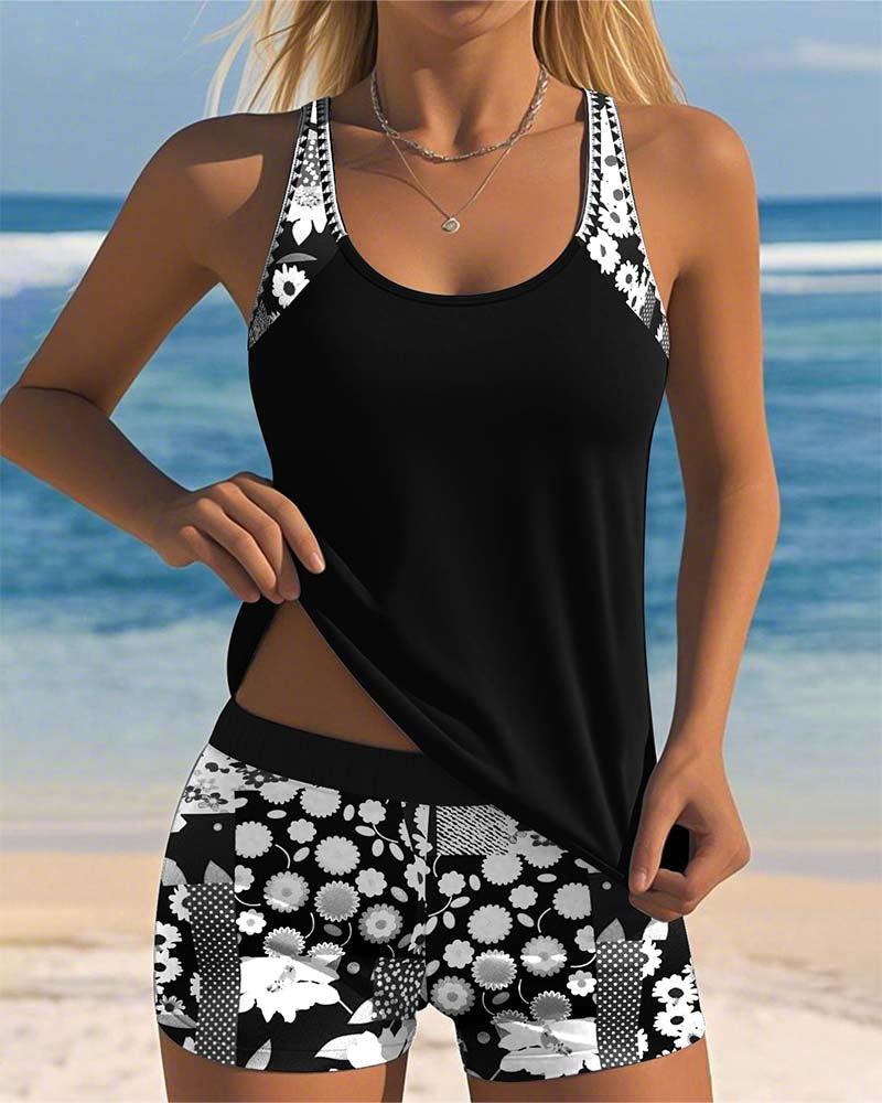 Bikini tankini feminino conjunto 2 peças estampado com shorts boxer
