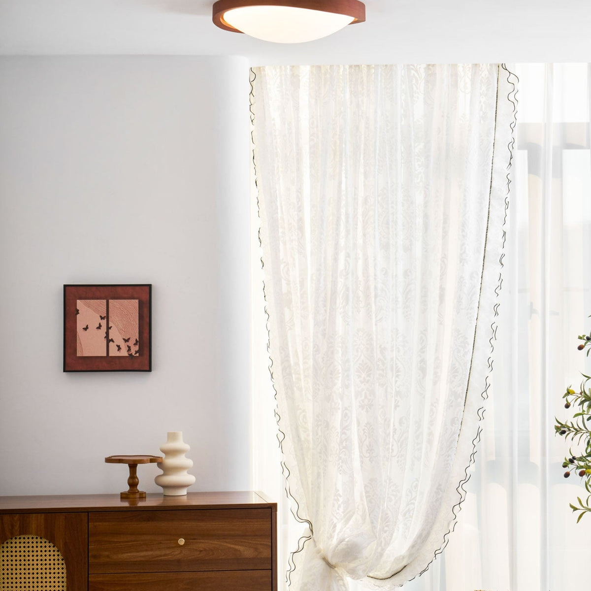 Veda | Candeeiro de Teto Flush | Efeito Madeira, Luz Tri-Cor | Tecido Moderno