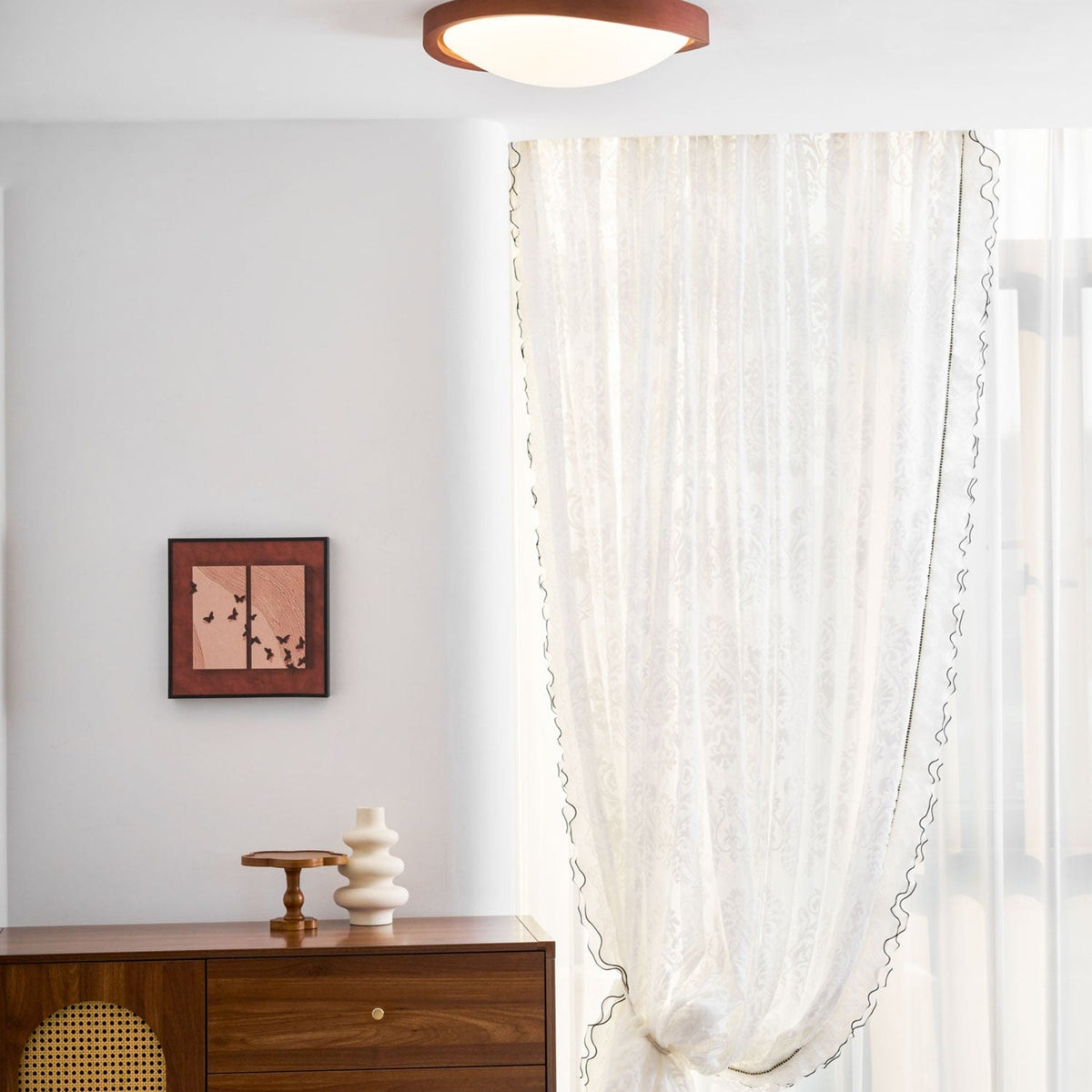 Veda | Candeeiro de Teto Flush | Efeito Madeira, Luz Tri-Cor | Tecido Moderno