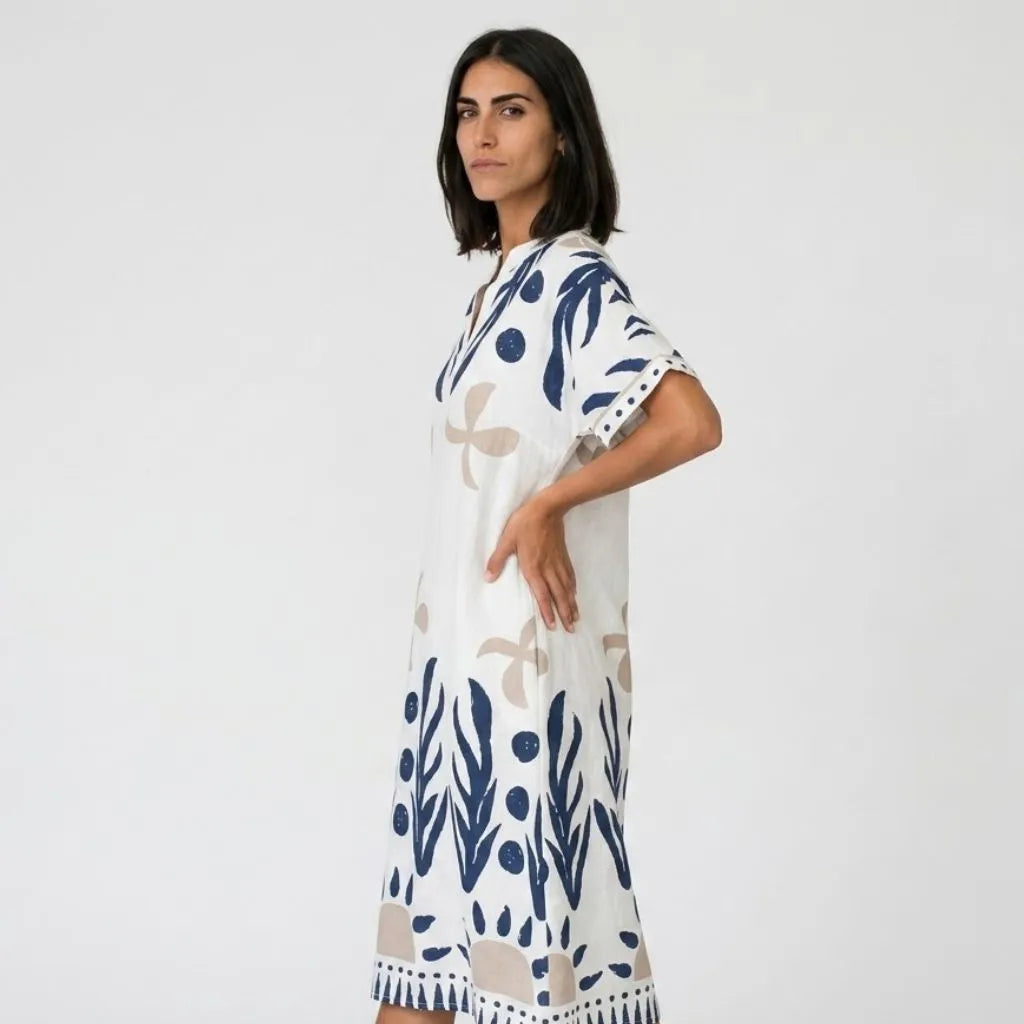 Vestido midi túnica | Corte amplo, linho branco | Conforto elegante