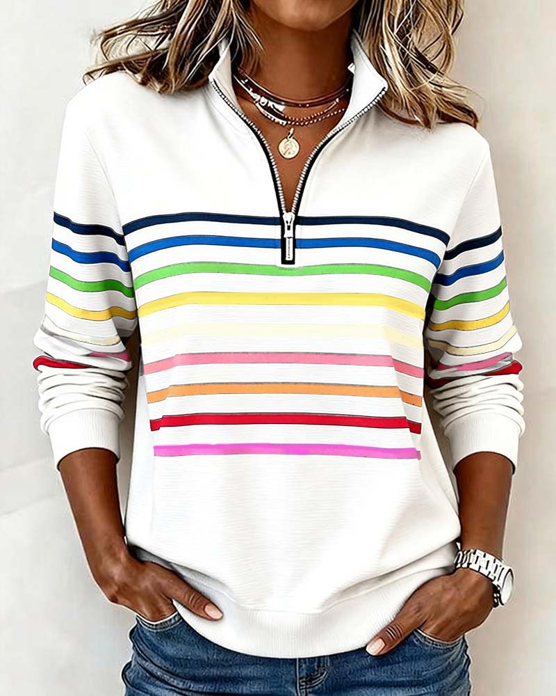 Pullover Feminino | Listrado, Gola com Zíper | Estilo Casual