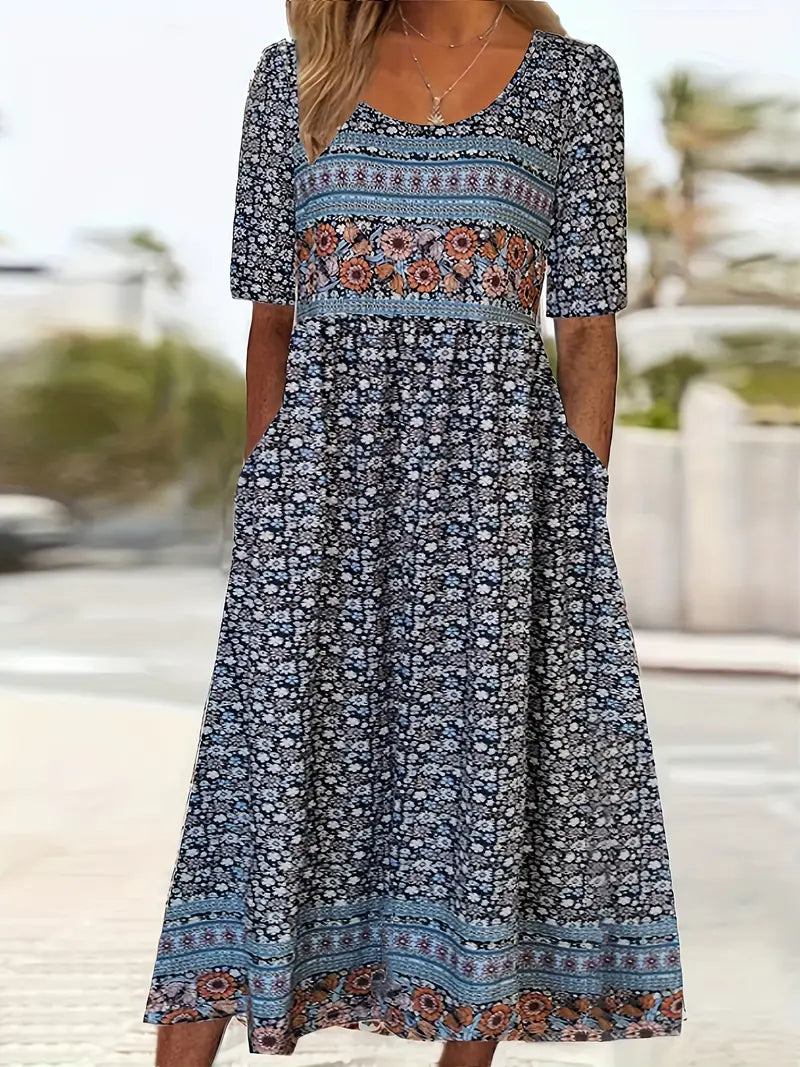 Ottoline | Vestido Midi Feminino Estampado Boho Decote Quadrado Manga Curta
