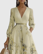 Xena | Vestido Maxi Floral Manga Longa Decote V Plissado com Laço