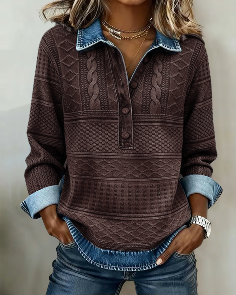 Juno | Sweatshirt Mulher Gola Denim Meia Abertura Textura Trançada