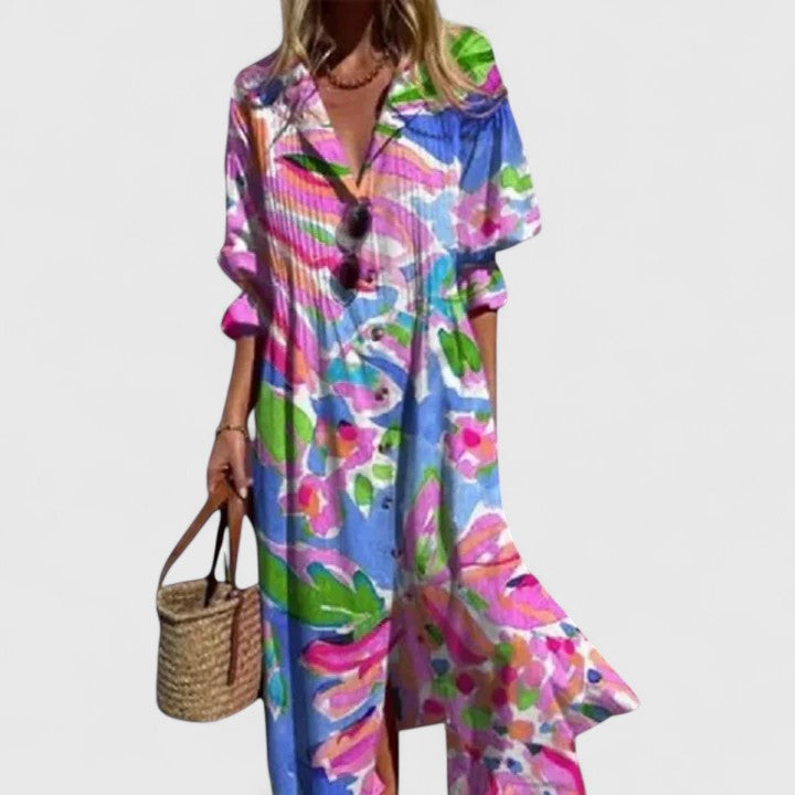 Vestido Maxi Feminino Boho Estampado Meia Manga