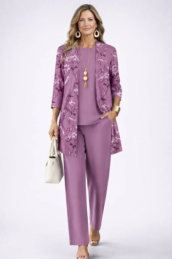 Dahlia | Conjunto Feminino 3 Peças Cardigan Calça Estampada