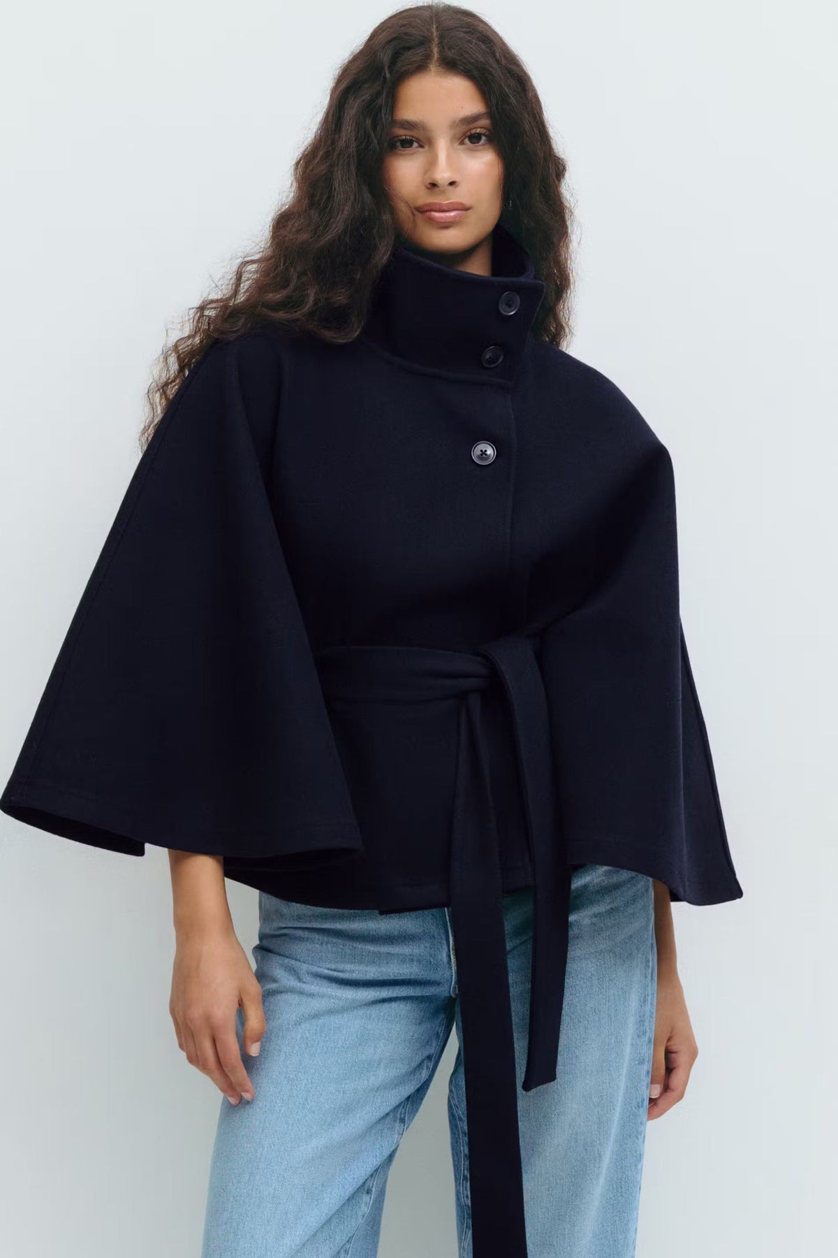 Mulher Casaco Capa Gola Alta Cinto Laço Inverno