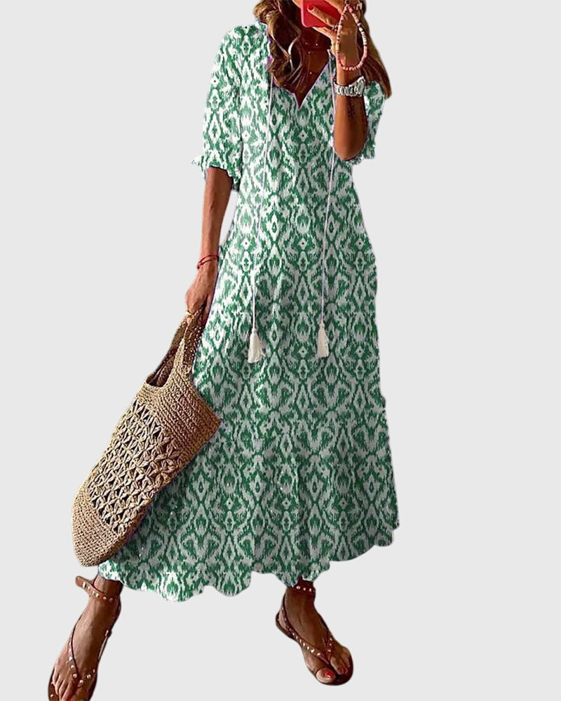 Vada | Vestido Feminino Boho Estampado Decote V Leve