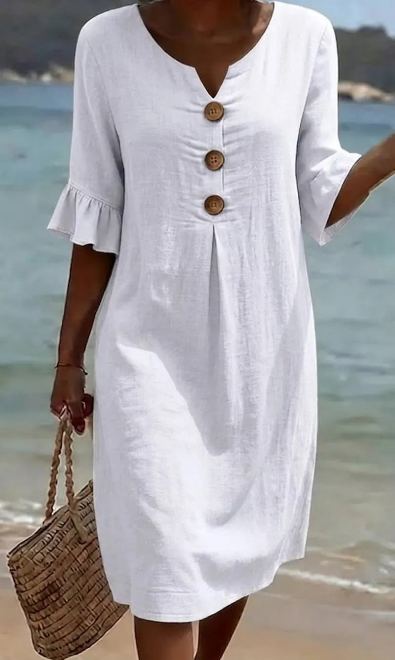 Vestido de Algodão e Linho para Mulher Verão | Botões, Solto, Respirável