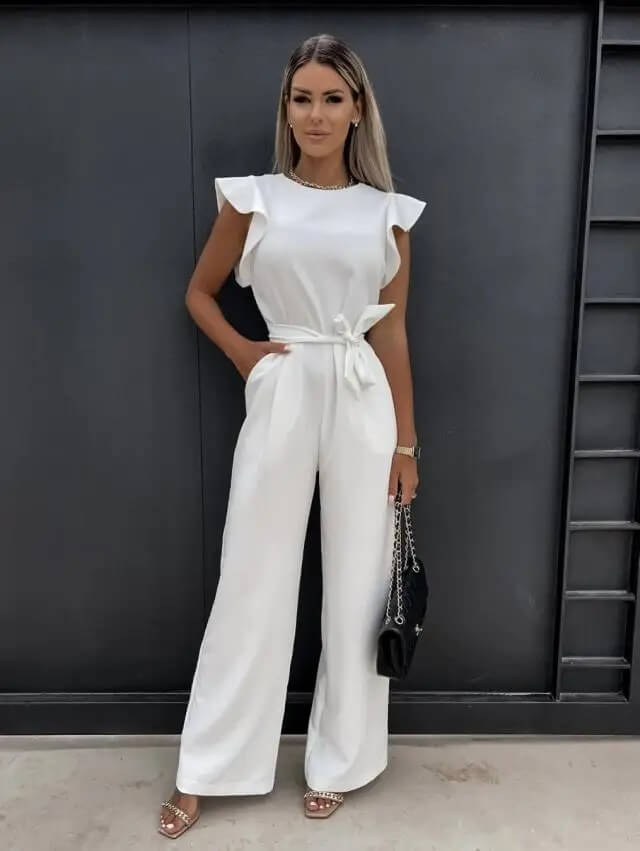Mulher Jumpsuit Perna Larga Mangas Borboleta