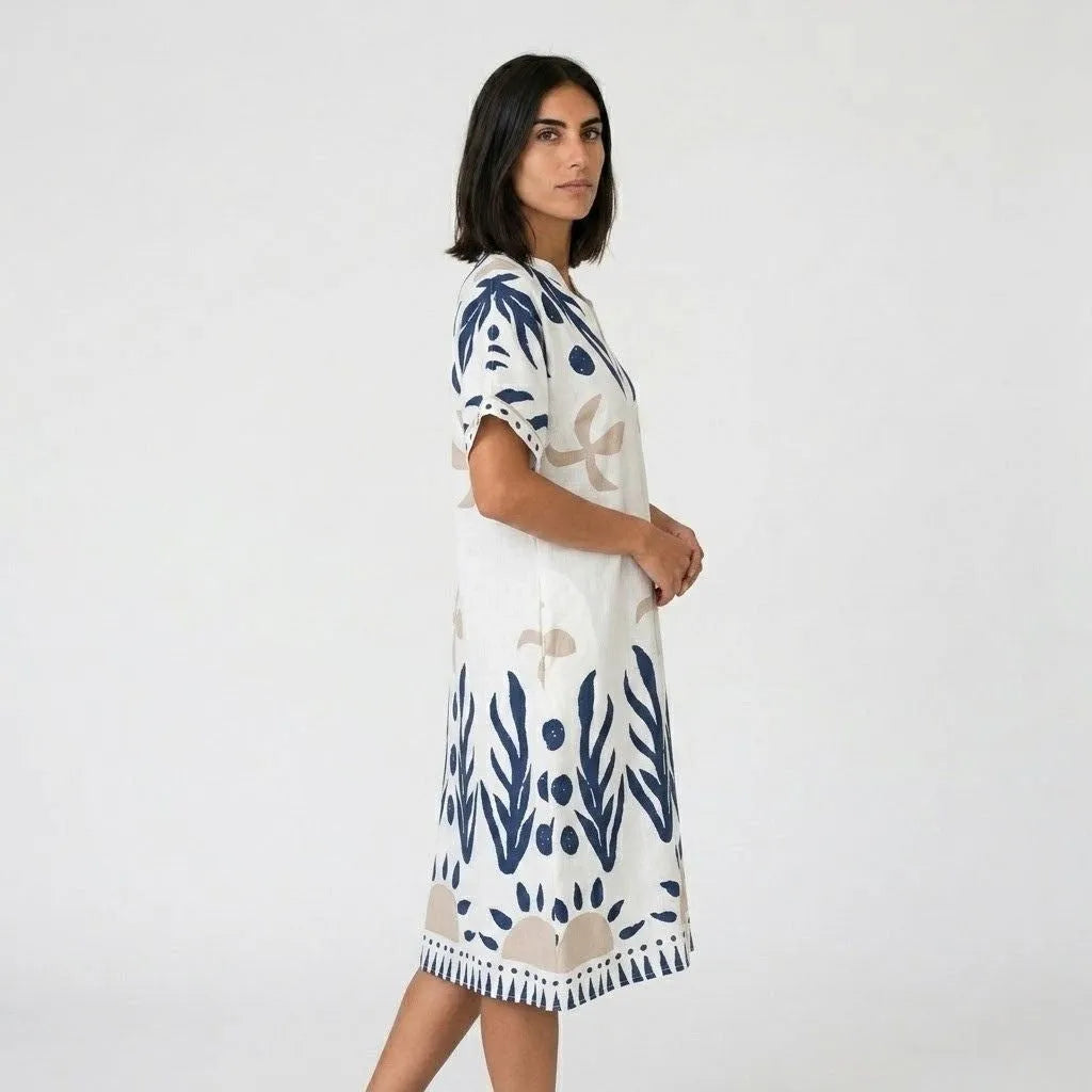 Vestido midi túnica | Corte amplo, linho branco | Conforto elegante