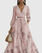 Xena | Vestido Maxi Floral Manga Longa Decote V Plissado com Laço