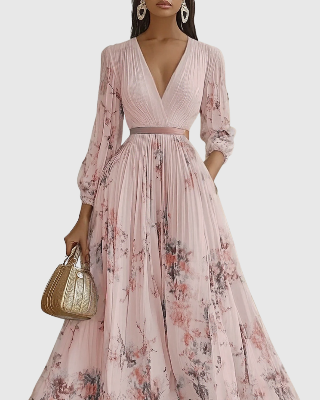 Xena | Vestido Maxi Floral Manga Longa Decote V Plissado com Laço